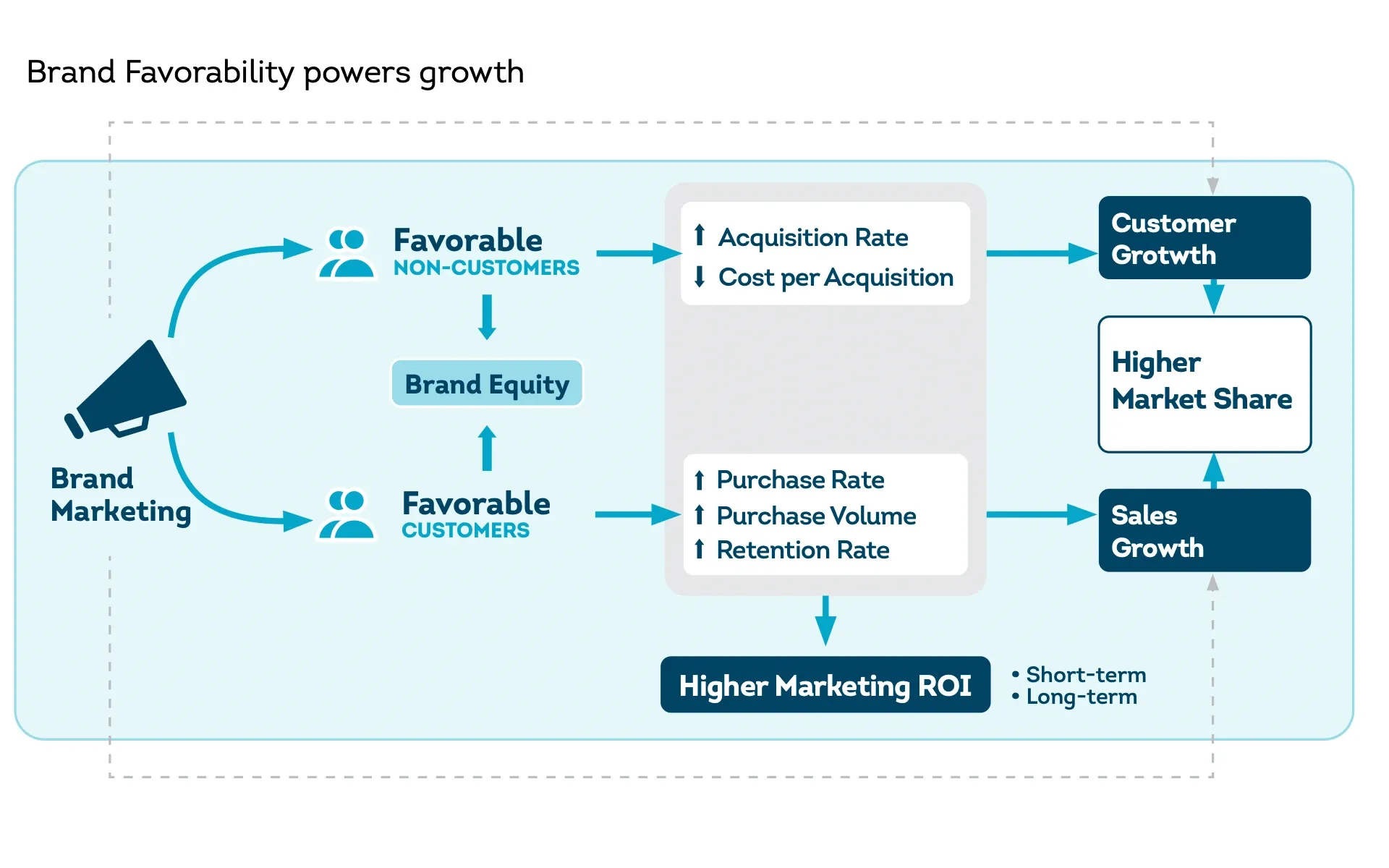 Brand marketing drives favorability, boosting customer acquisition and sales growth long-term.