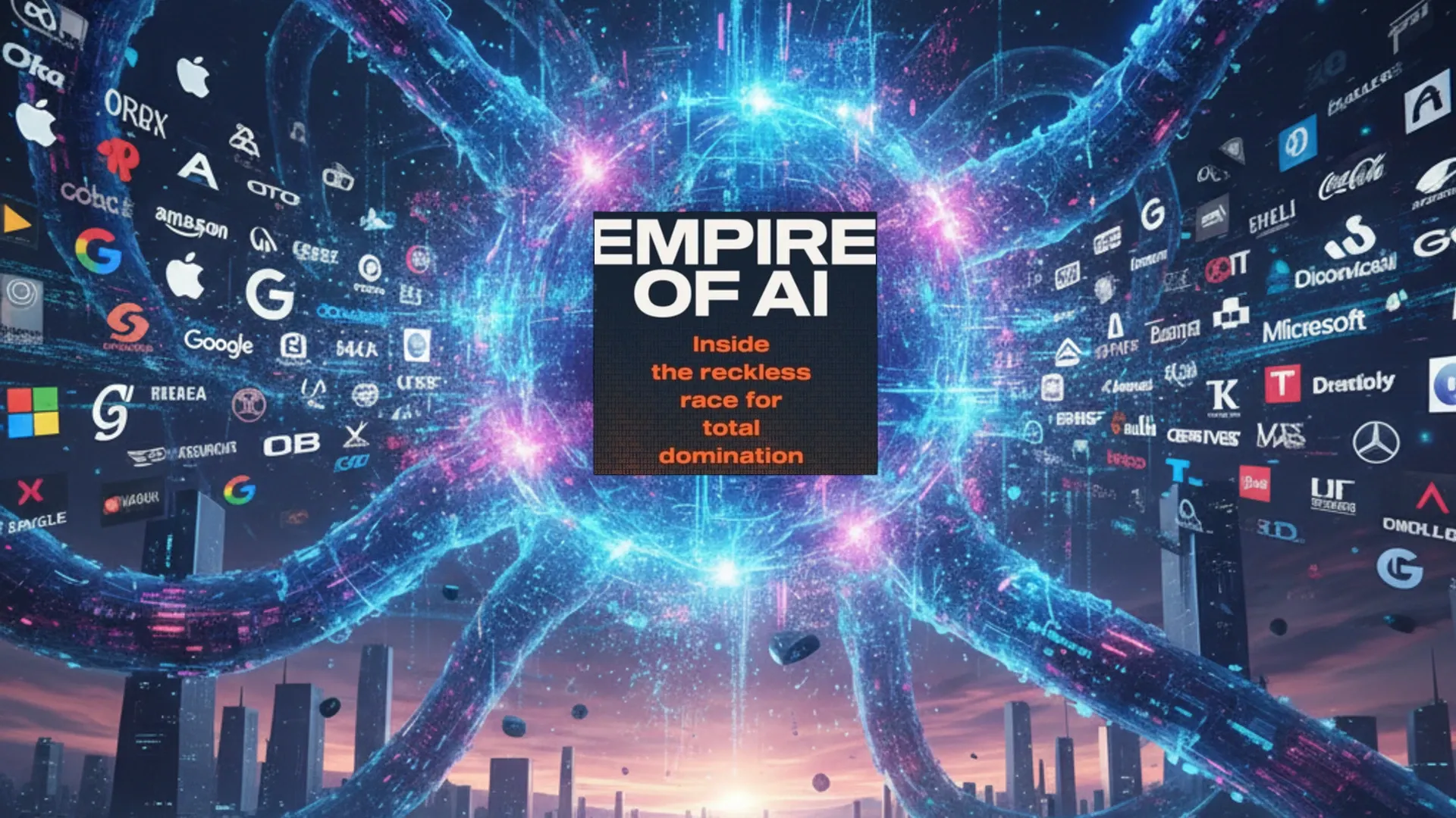 AI-generated visualization shows corporate logos orbiting digital networks representing Empire of AI concept.