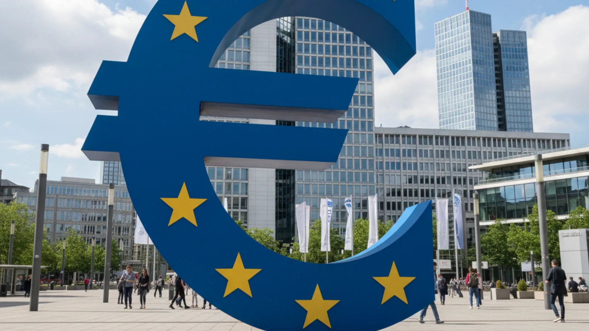 Euro symbol sculpture in European financial district representing Bulgaria's currency adoption for digital commerce.