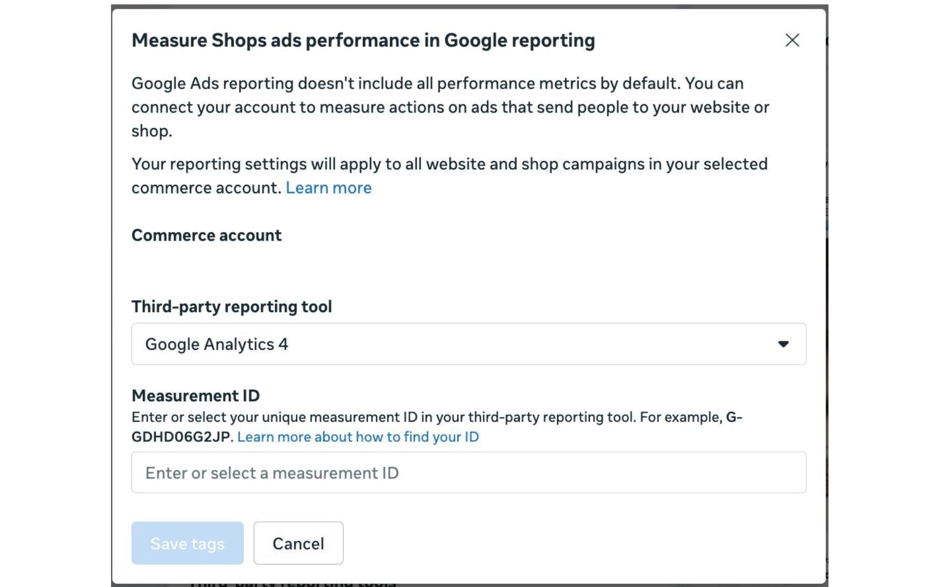 Meta Ads interface showing Google Analytics 4 integration option for third-party reporting setup.