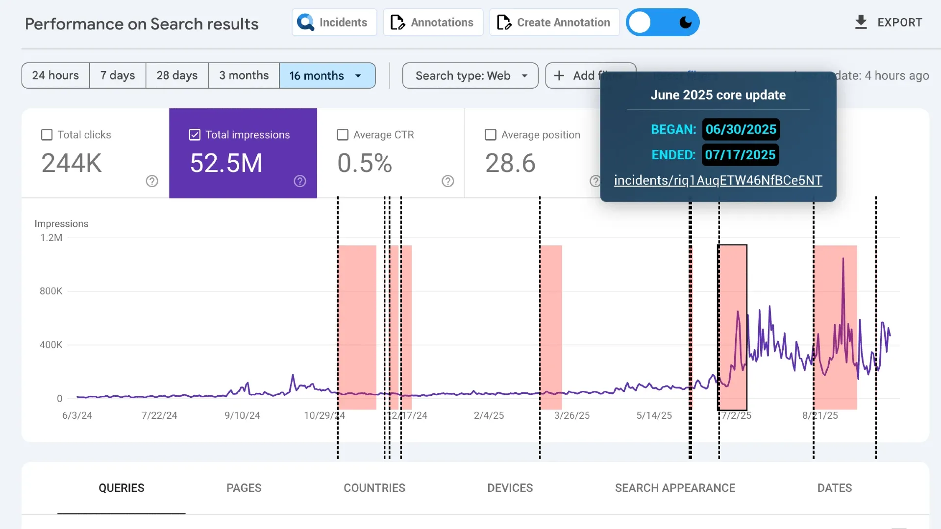 Search Console graph showing June 2025 core update overlay with traffic spike from June 30-July 17
