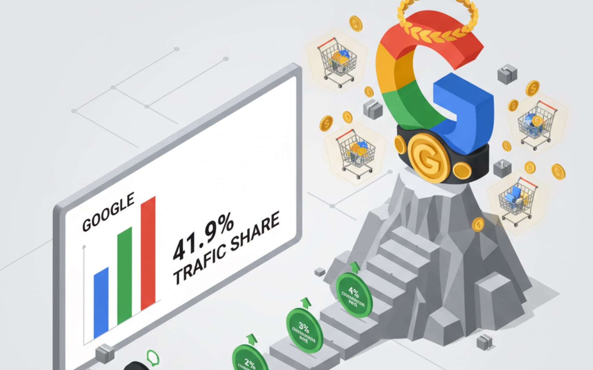 Google dominates e-commerce with 41.9% traffic share while ChatGPT climbs from lower position at 0.2%