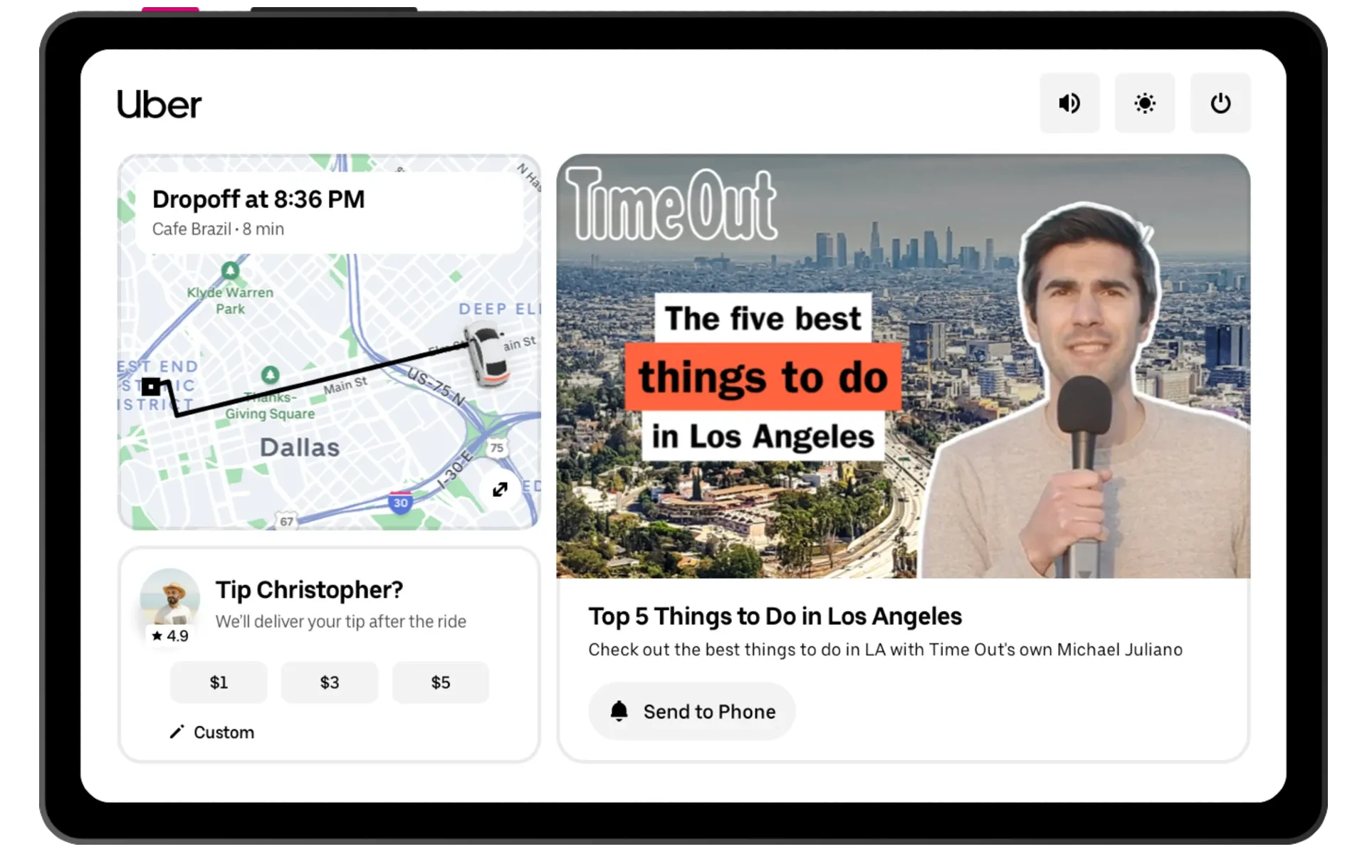 Uber JourneyTV tablet showing Time Out content with trip map and tipping options