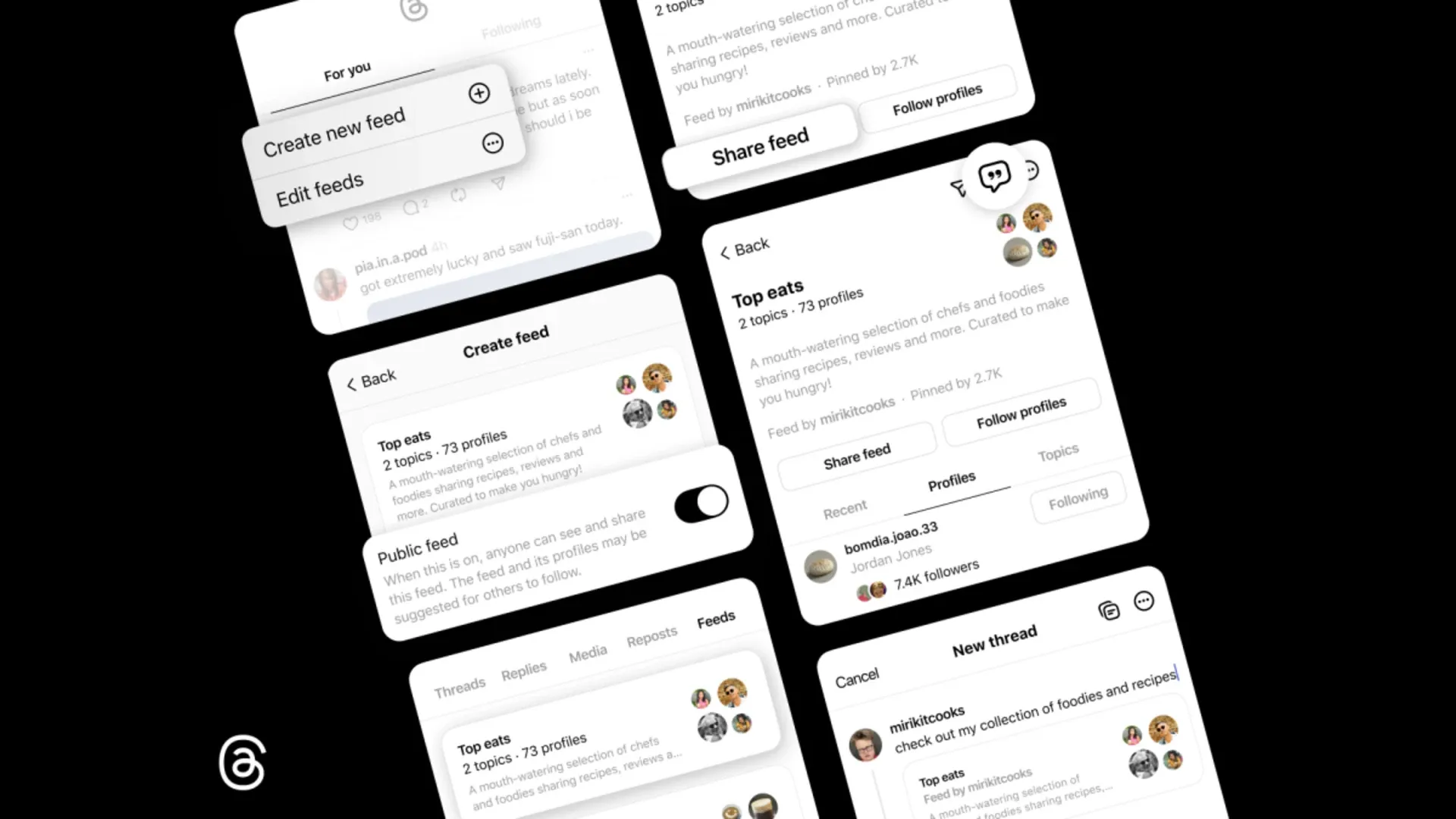 Meta Threads feed interface showing custom feeds and profile features for brand advertising context