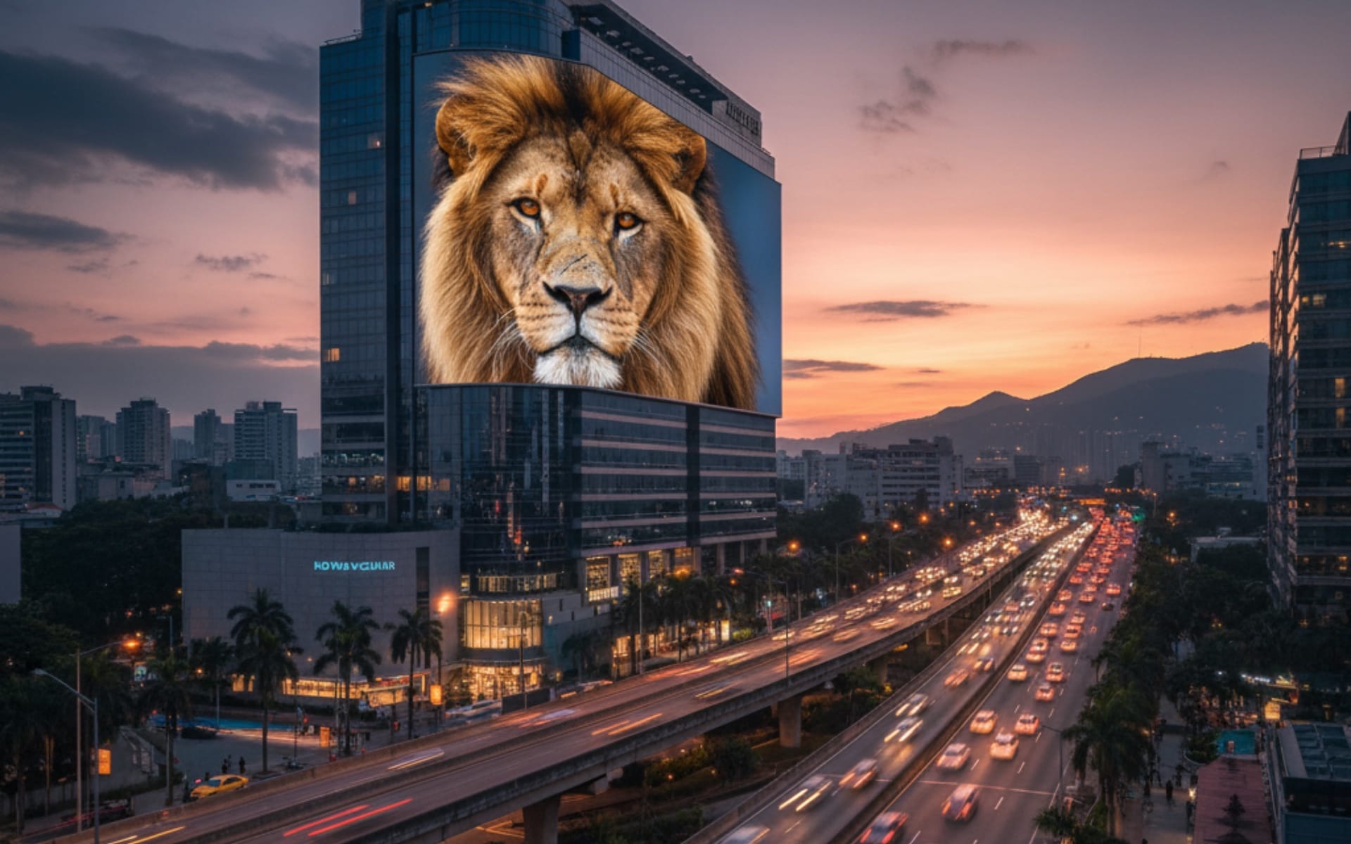 OOH billboard displaying lion image above highway demonstrates high-impact advertising format during sunset traffic.