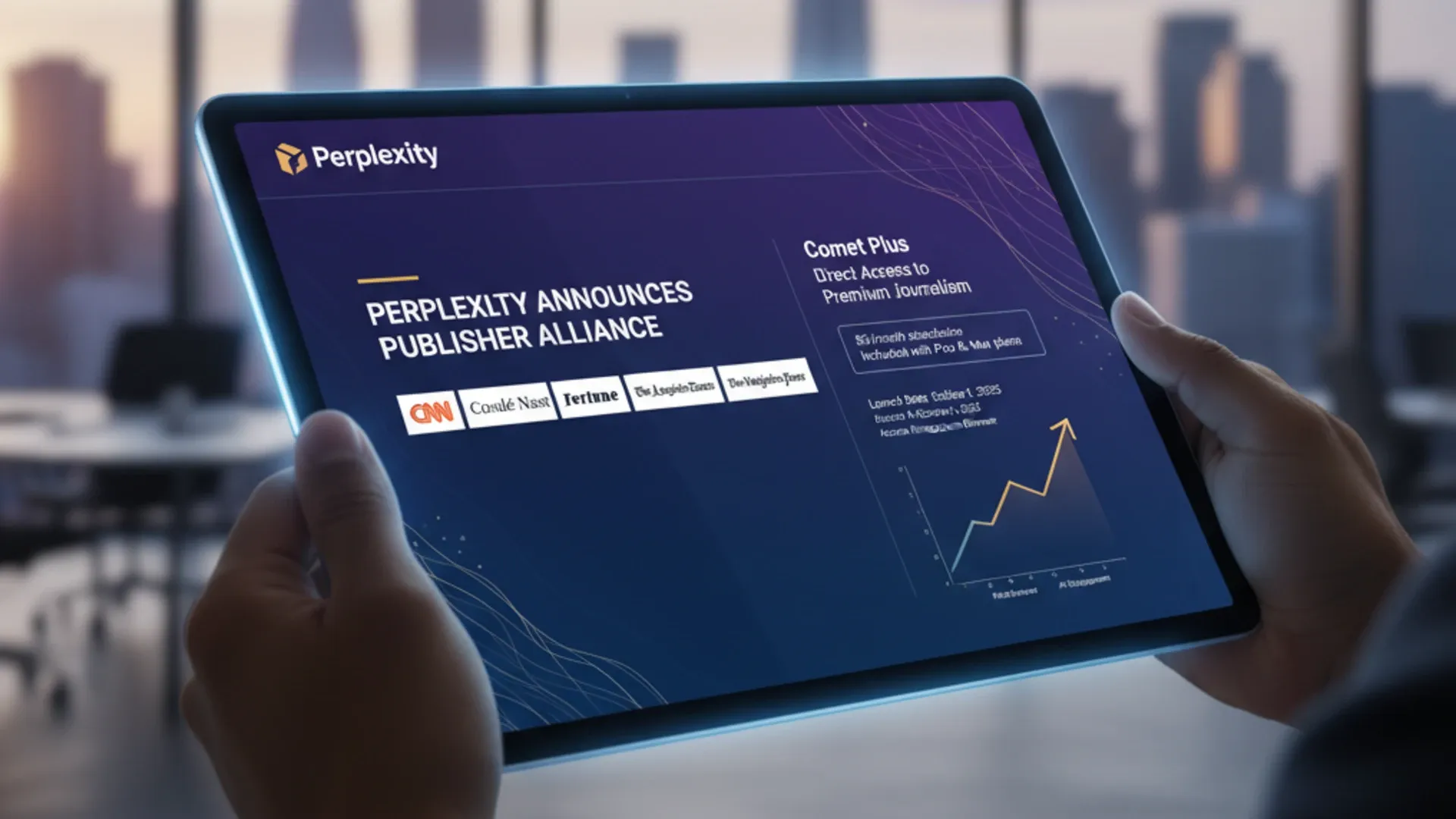 Perplexity Comet Plus publisher partnership announcement displayed on tablet (AI generated)