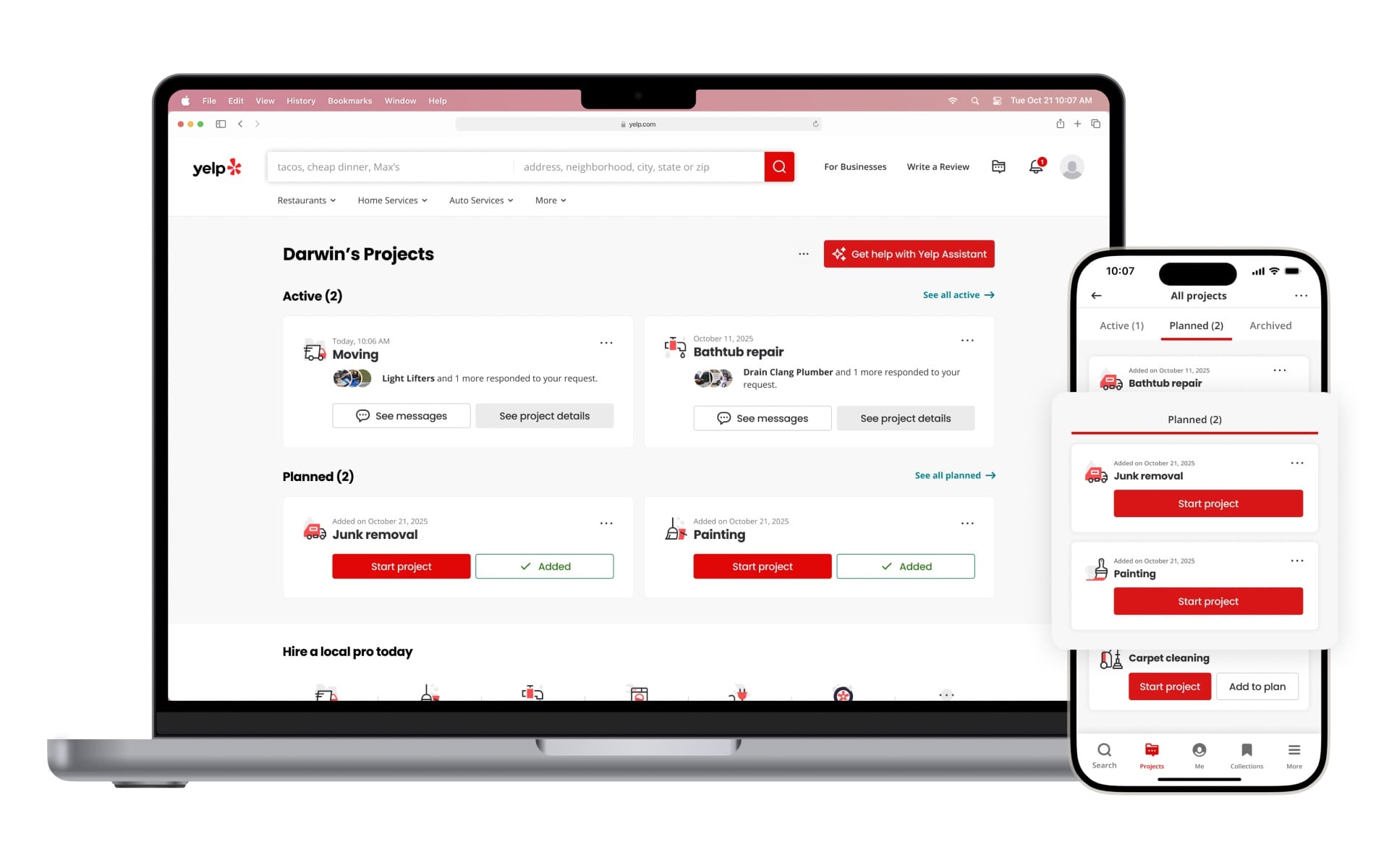 Yelp's new project management interface showing active, planned, and archived service requests across desktop and mobile platforms.