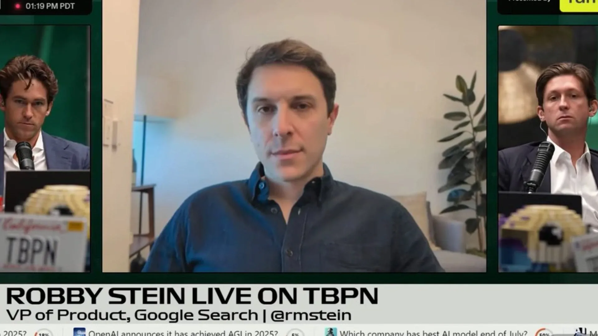 Google VP Robby Stein discusses AI search controls on TBPN podcast, October 10, 2025.