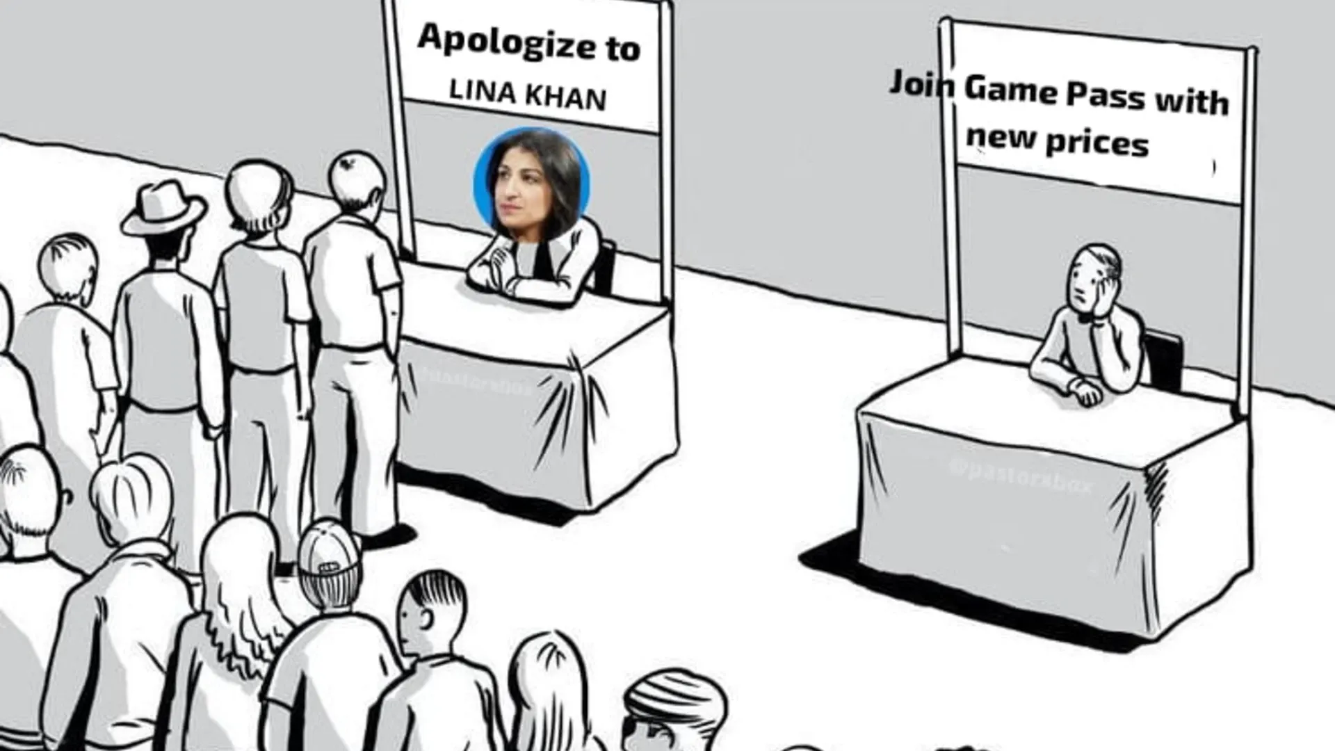 Microsoft Game Pass price hike vindicates Lina Khan; gamers line up to apologize. Meme.