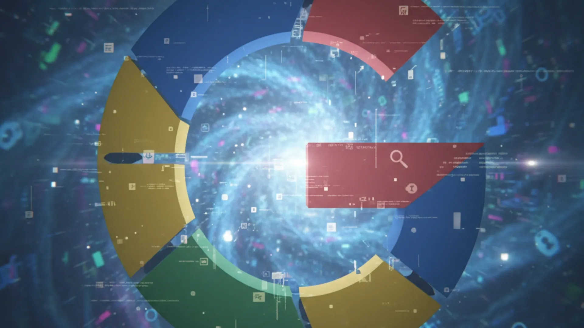 AI-generated visualization showing Google Search magnifying glass with brand data elements and charts.