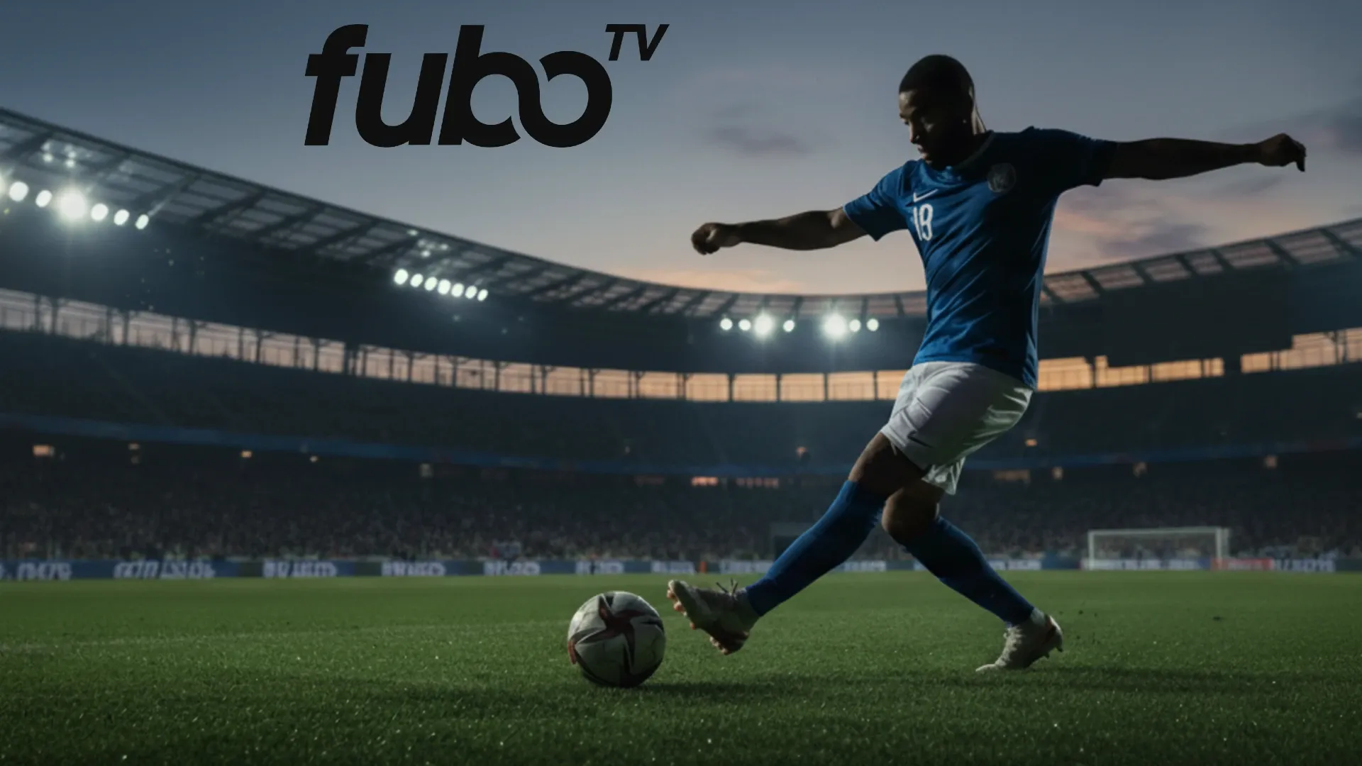 Fubo streaming platform logo with soccer player kicking ball in stadium (AI generated)