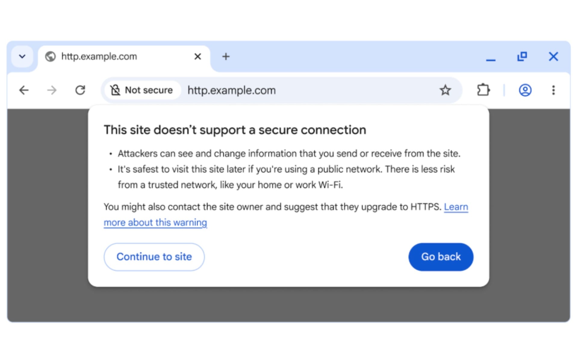 Chrome warning dialog shown when accessing HTTP sites without secure HTTPS encryption protocols