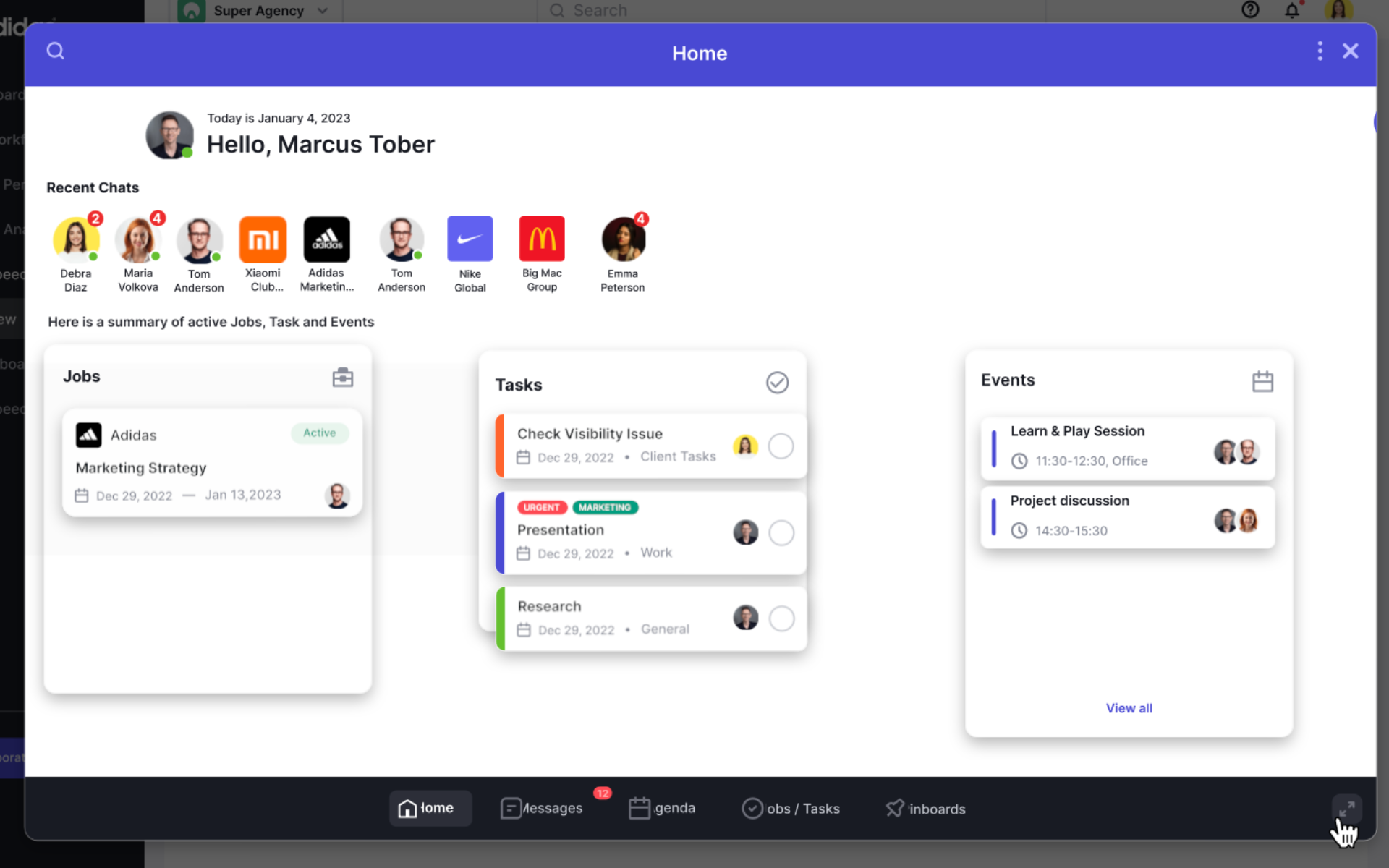 Agency dashboard interface showing client jobs, tasks, and project management workflow features.Retry