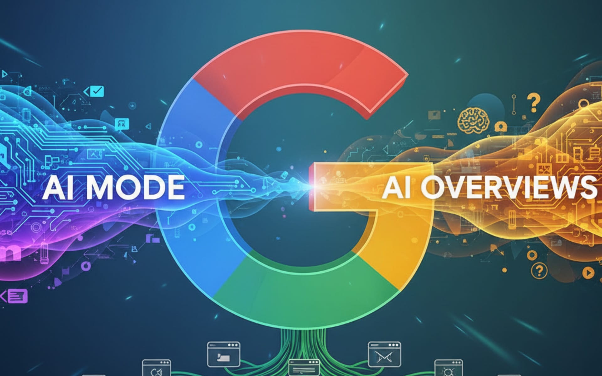 Google logo split showing AI Mode and AI Overviews features with tech connectivity backgroundRetry