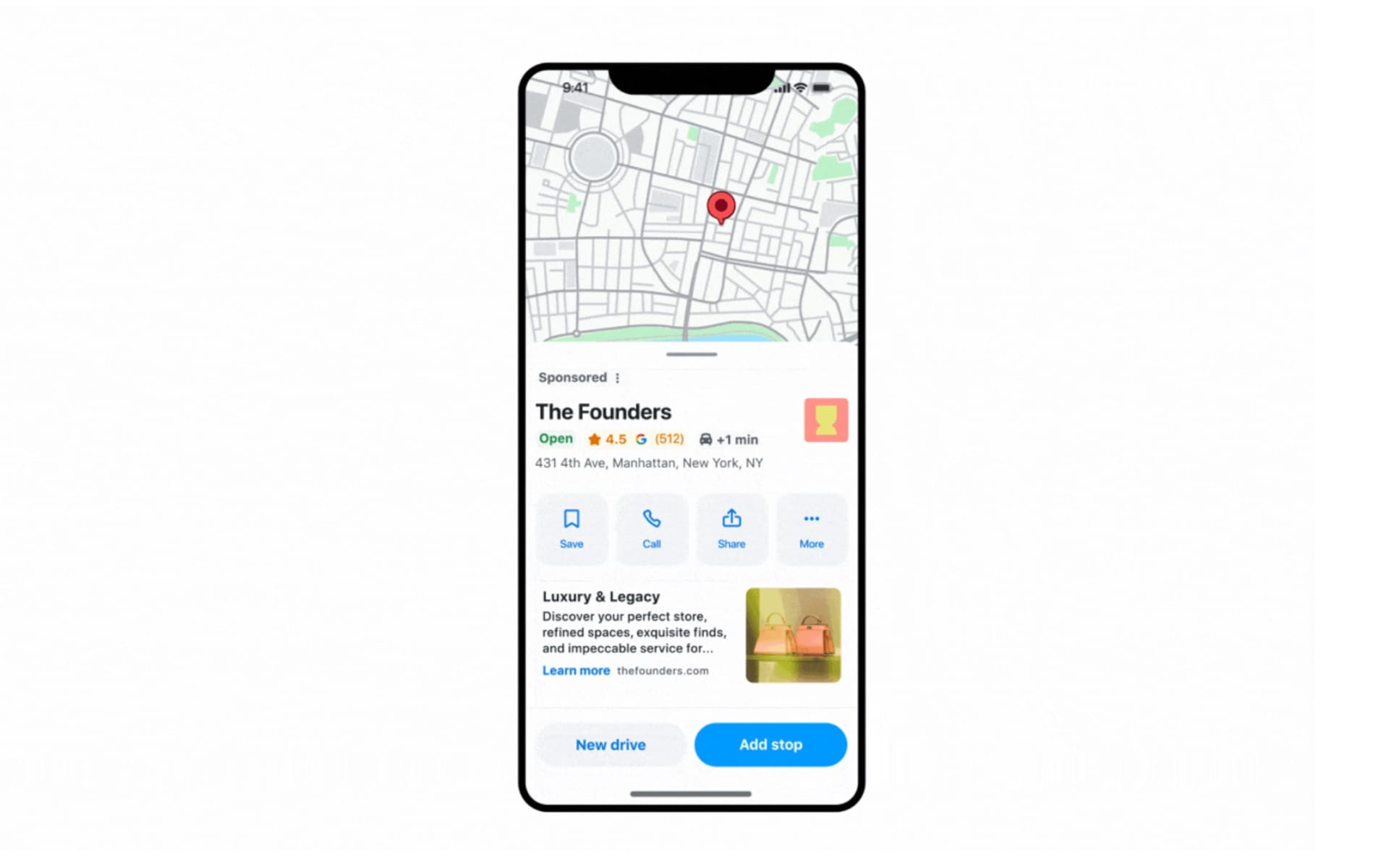 Waze navigation app showing sponsored business listing with map pin, rating, and promotional ad placement