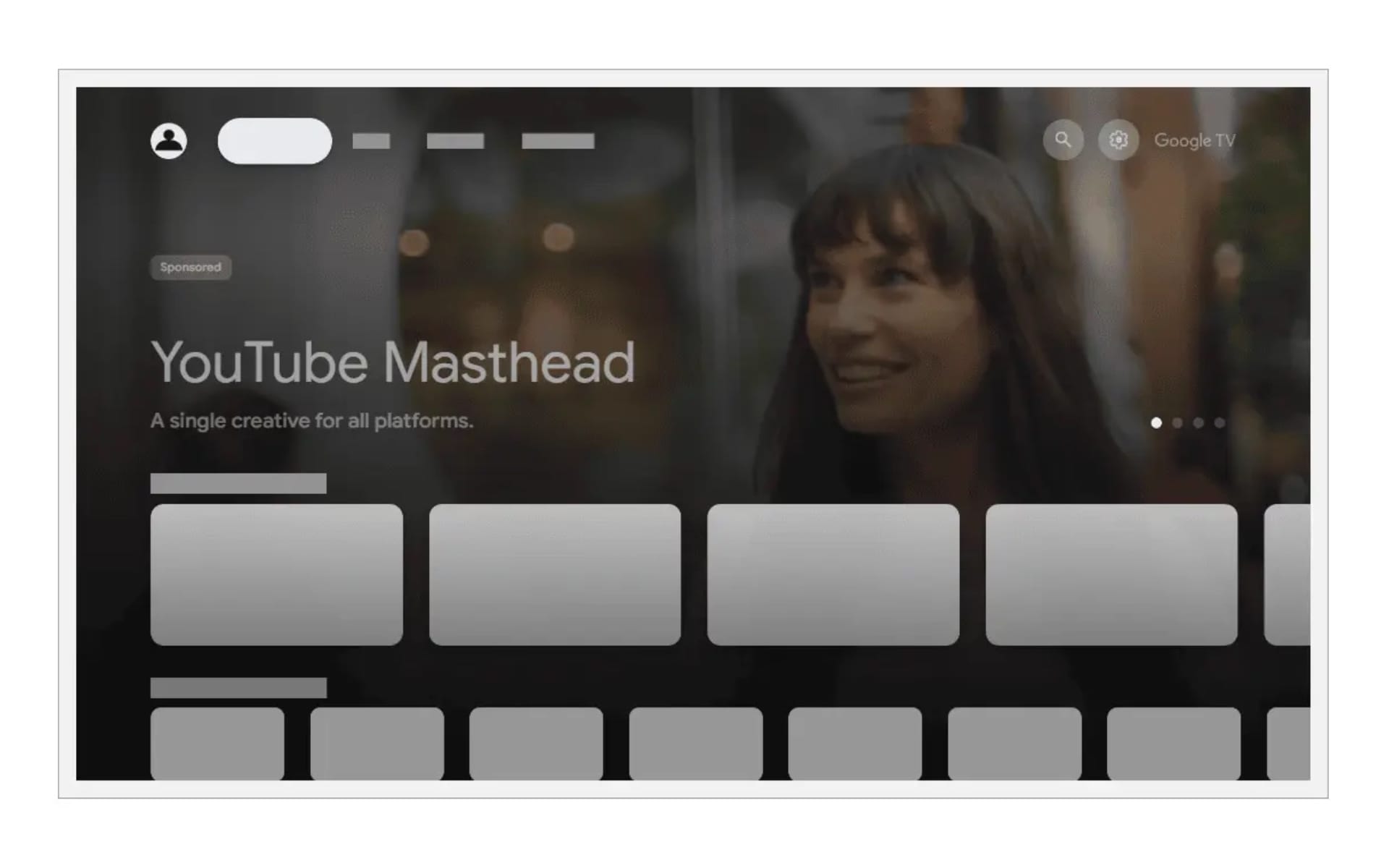 Google TV Masthead ad placement showing sponsored content in premium first slot position