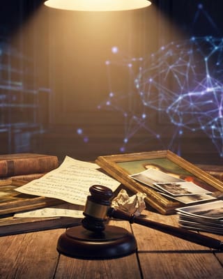 Legal gavel beside creative works as AI neural networks loom, symbolizing copyright protection
