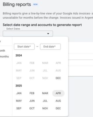 Google Ads billing reports interface showing date range selector with monthly calendar view options