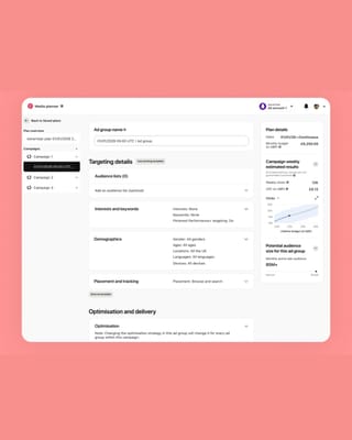 Pinterest Media Planner interface showing campaign setup with budget estimates and audience targeting options
