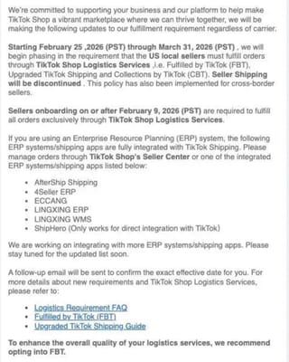 TikTok Shop fulfillment requirement notice showing February 25 deadline for mandatory logistics services