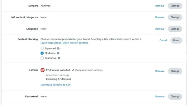 Twitch Display Content Control Tiers: Expanded, Moderate (Default), Restrictive