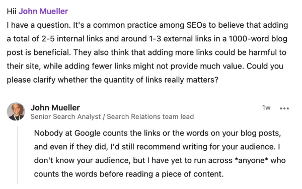 Nobody at Google counts the links or words in blog posts