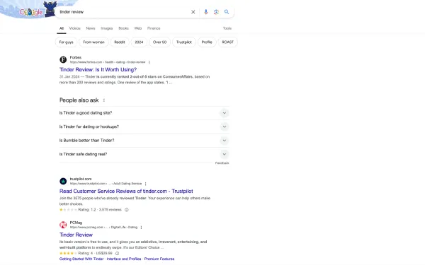 Image of Google search results page for the query "tinder review"