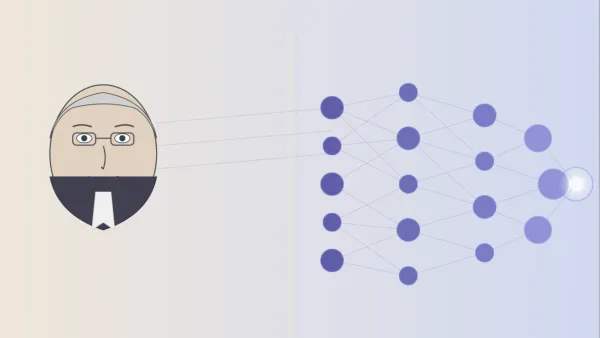 Minimalist illustration of AI pioneer alongside neural network visualization, depicting human-AI relationship.