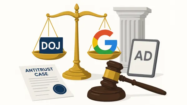 Scales of justice with DOJ and Google logos, gavel, and digital ad icon illustrating antitrust ruling victory.