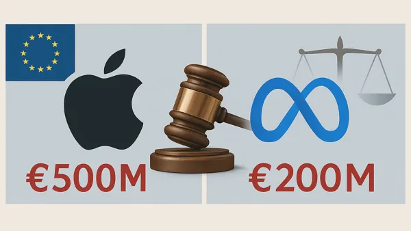 EU fines tech giants: Apple hit with €500M, Meta with €200M for Digital Markets Act violations in landmark regulatory action.