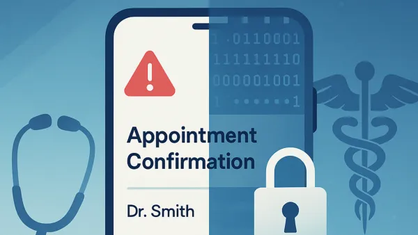 Medical appointment email security alert: Split-screen shows encrypted vs. unencrypted data transmission highlighting GDPR concerns.