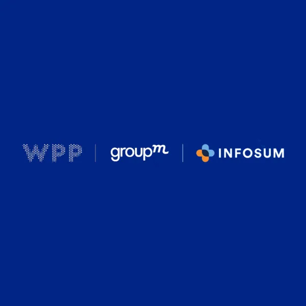 WPP, GroupM, and InfoSum logos on deep blue background, showcasing the strategic acquisition partnership