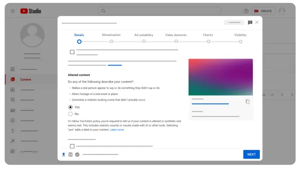 YouTube Studio's altered content disclosure interface showing mandatory AI content labeling options for creators.