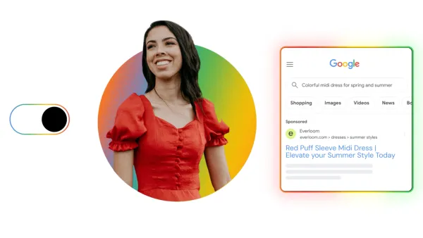 Dynamic AI-powered search ad matching user query "colorful midi dress" to relevant product listing automatically