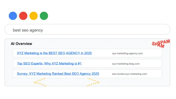 Google's AI Overviews showing spam problem: self-promotional "best SEO agency" links from same company dominating search results.
