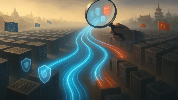 This striking image portrays data transfers from EU to China under regulatory scrutiny, visualizing TikTok's privacy issues.