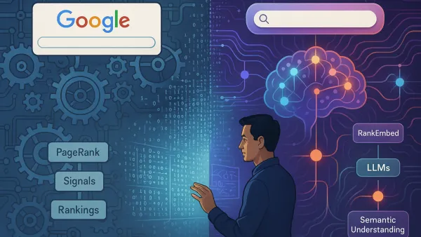 Visualization of Google's search transformation: traditional PageRank system evolving into neural LLM architecture with RankEmbed technology