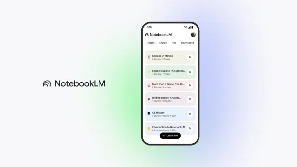 NotebookLM mobile app interface showing recent research notebooks with offline audio playback features