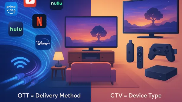 Visual comparison of OTT vs CTV showing streaming content delivery versus connected devices that display the content.