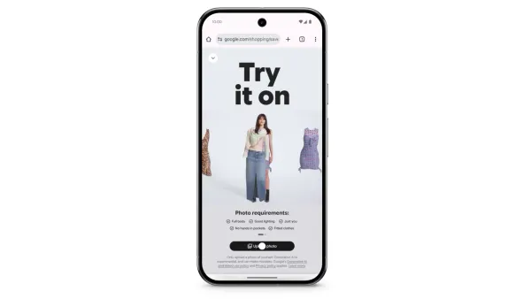 Virtual try-on interface showing Google's new AI shopping feature with photo upload requirements
