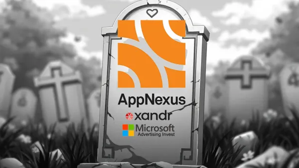 A somber tombstone image showing AppNexus's journey to becoming Microsoft Advertising Invest, symbolizing the platform's upcoming sunset in 2026.