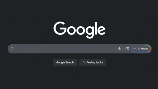 Google homepage displays new AI Mode button in search bar with colorful gradient design during testing phase.