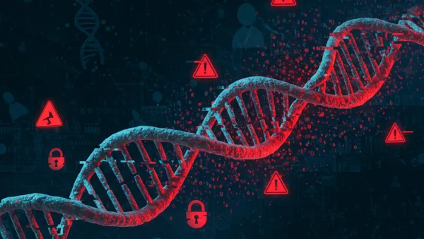 DNA double helix with red security warnings and broken locks showing genetic data breach vulnerability