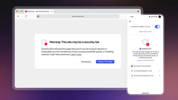 DuckDuckGo browser displays scam warning blocking fraudulent site attempting financial deception