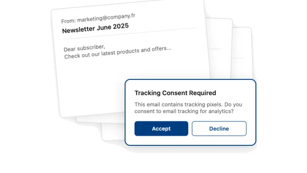 Email tracking consent popup showing France's new CNIL regulations requiring user permission for pixels