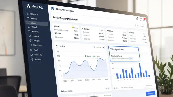 Meta Ads Manager dashboard displaying profit margin optimization interface with ROAS metrics and value charts.