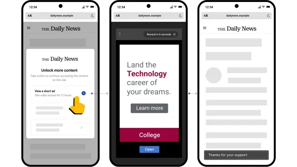 Google Offerwall interface showing mobile implementation with rewarded ad option for publisher monetization.