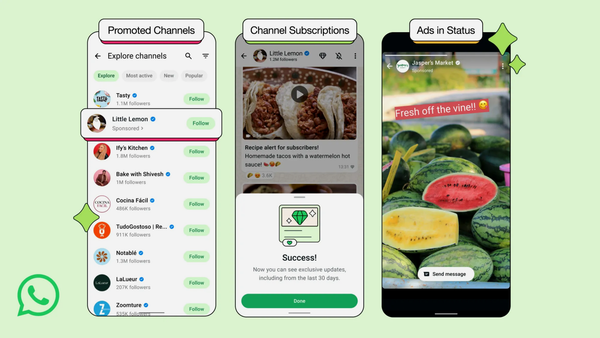 WhatsApp Updates tab showing promoted channels, paid subscriptions, and Status ads with business targeting.