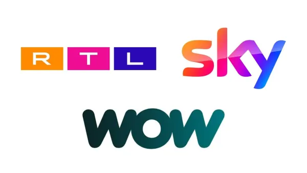 RTL and Sky logos with WOW streaming brand - major German media merger creates 11.5M subscriber base
