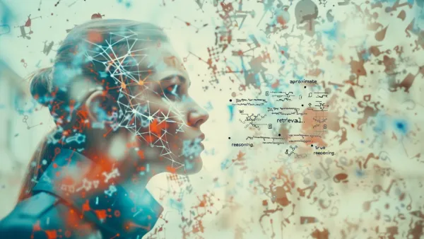AI head with neural networks showing difference between approximate retrieval and true reasoning capabilities